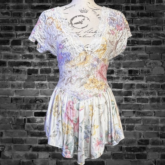 Vintage Vandemere Floral Lace Teddy Lingerie Pastel Short Sleeve White Pink S - Picture 2 of 5